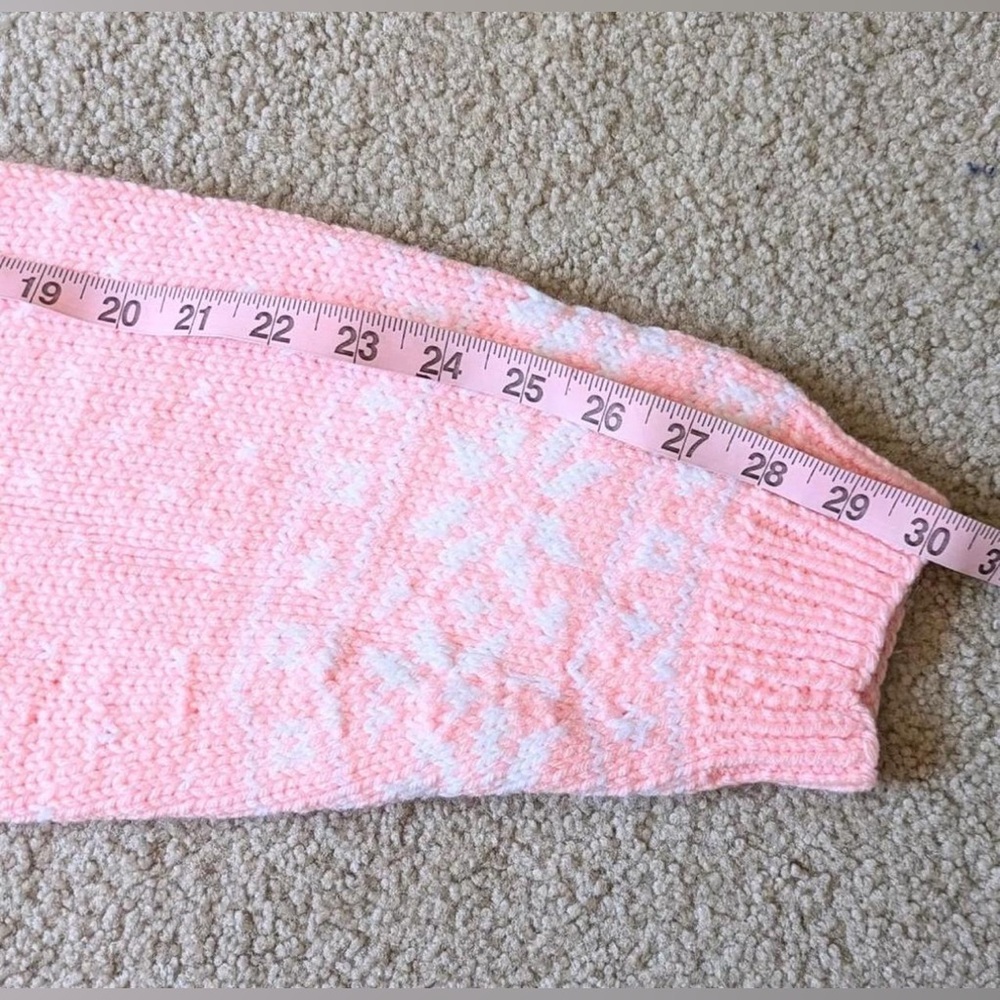 Vintage Handknit Barbie Pink White Fairisle Fall Winter Oversized Cozy Sweater - Picture 7 of 9